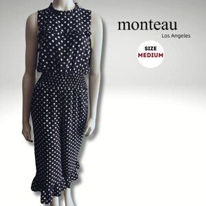 Monteau Los Angeles Black & White Polka Dot Jumpsuit | Medium | Ruffle Hem